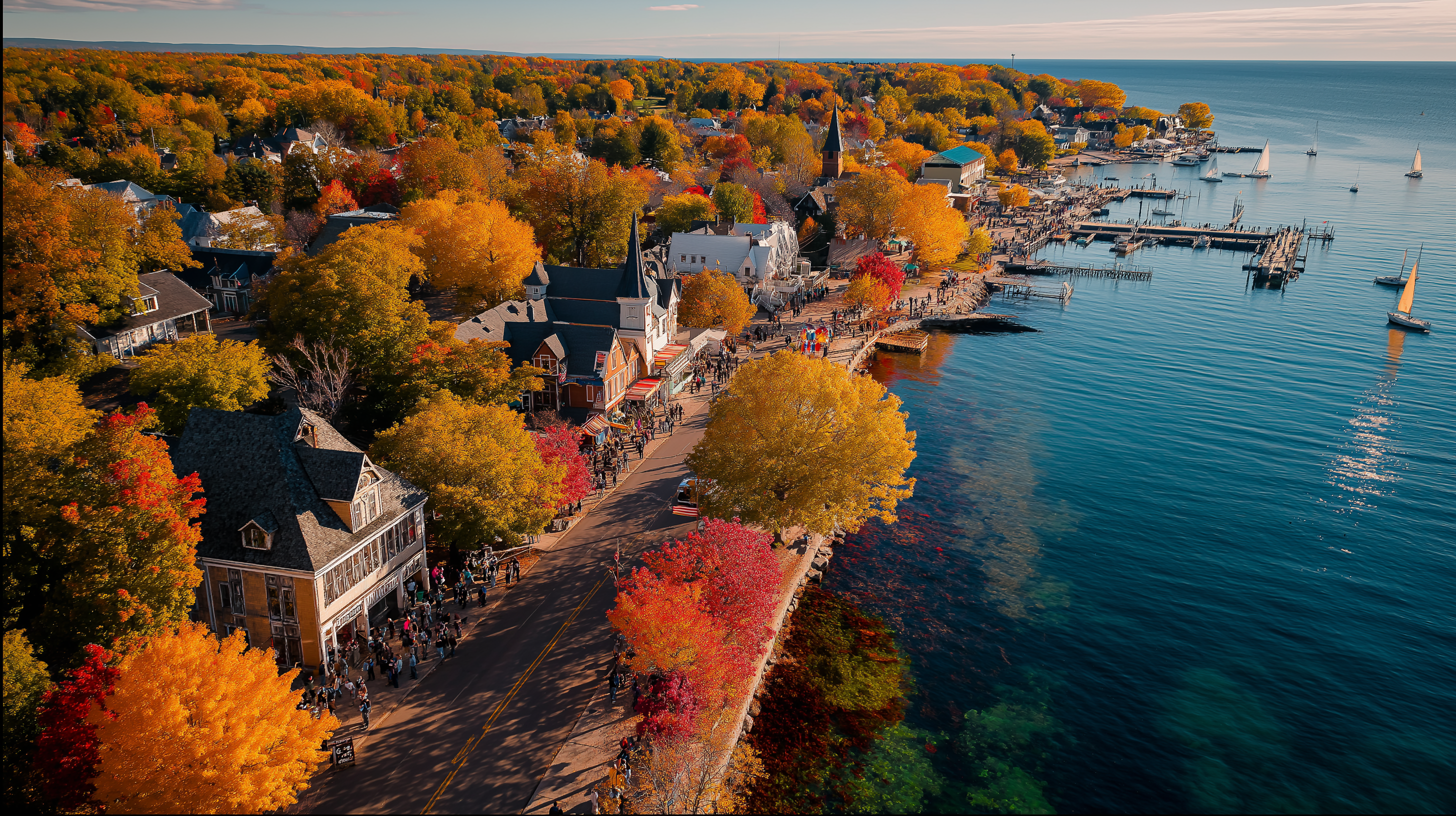 Lake Geneva downtown in autumn — aerial view